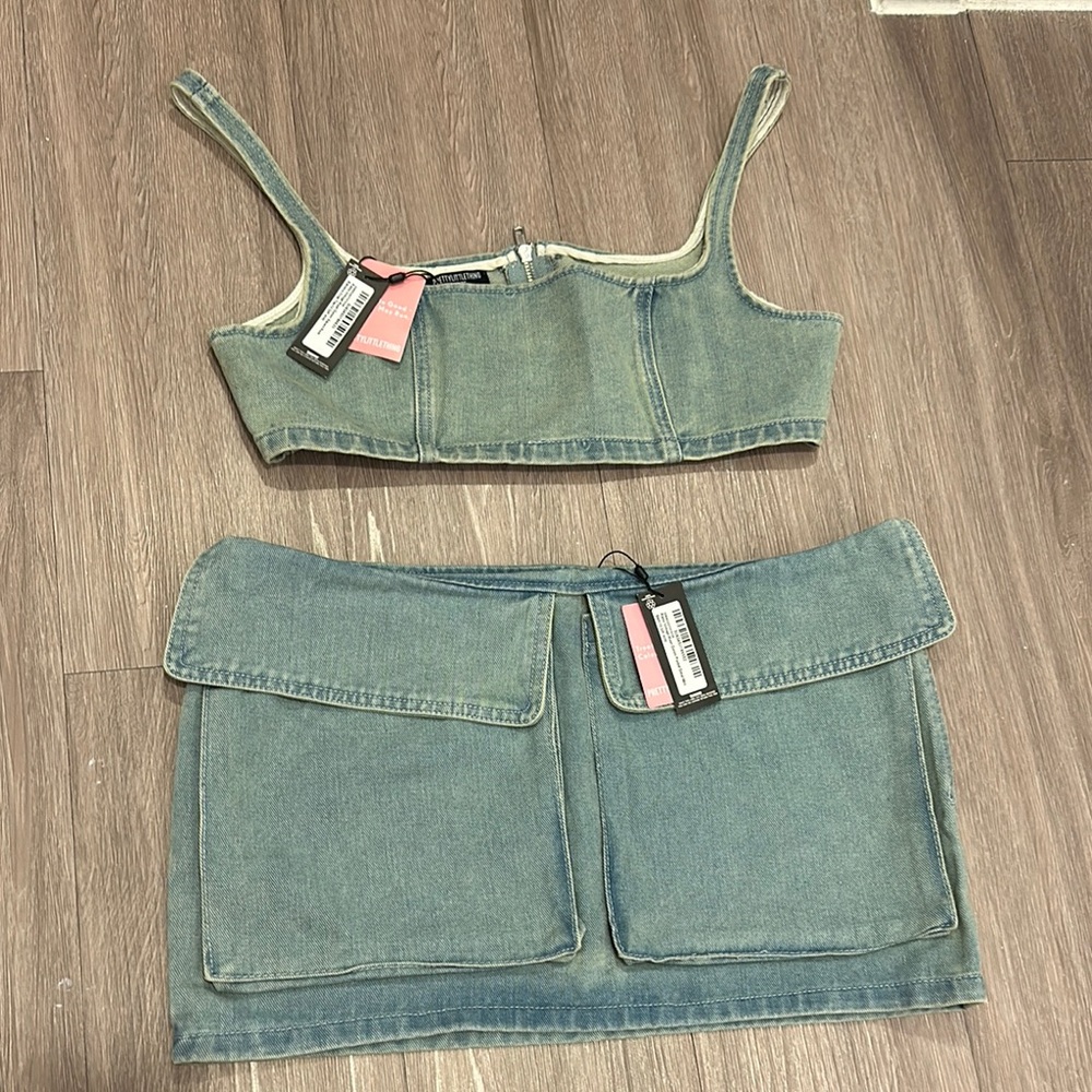 NWT Pretty Little Thing Denim Crop Top and Skirt Set